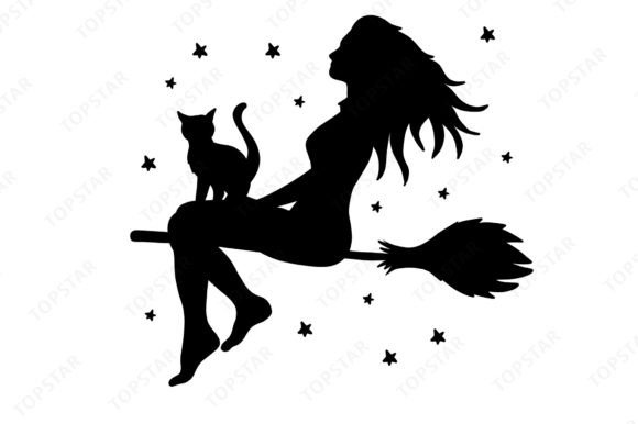 Flying Halloween Witch and Cat Silhouette Illustration